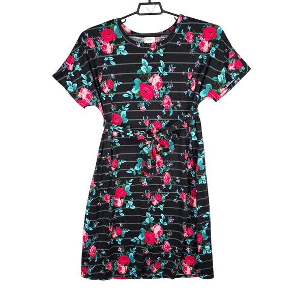 Womens LuLaRoe Black Red Green Floral Striped Dress Short Sleeve Belted Size 2XL - Picture 1 of 8